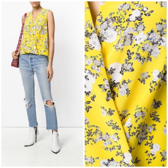 Rag & Bone Victor Silk Floral Top yellow XXS - Picture 2 of 11